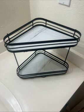 Black Corner Two-Tier Shelf with Marble-Effect Trays